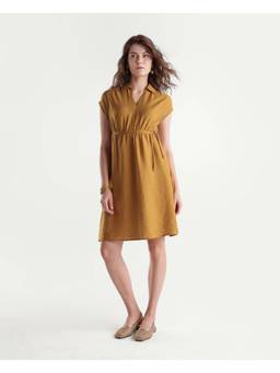 RAREISM - Women Mustard Solid Johnny Collar A-Line Dress