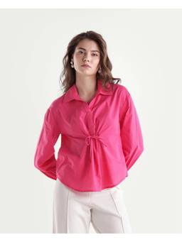 RAREISM - Women Mid Pink Solid Cotton Tie-Up Waist Relaxed Top