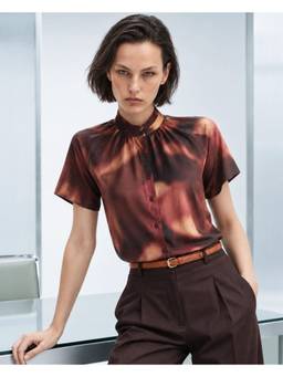 RAREISM - Women Dark Brown Abstract Print Stand Collar Top