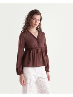 RAREISM - Women Brown Solid Cotton V-Neck Top