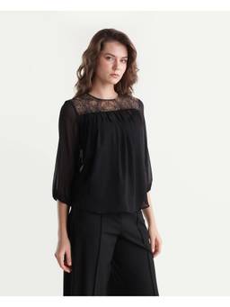 RAREISM - Women Black Solid Lace Yoke Regular Fit Top