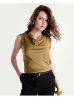 RAREISM - Women Gold Solid Cowl Neck Sleeveless Top
