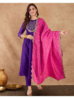 KVS FAB - Purple Zari Sequined Kurta With Pant & Bandhej Printed Dupatta (Set of 3)