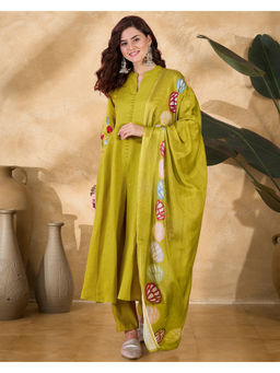 KVS FAB - Parrot Green Zari Embroidered Kurta With Pant & Digital Printed Dupatta (Set of 3)