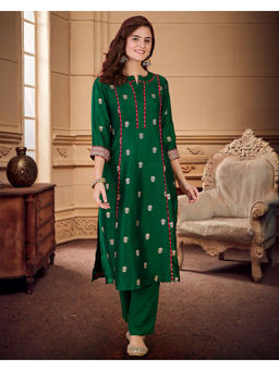 KVS FAB - Green Zari With Foil Print & Gota Patti Embroidered Kurta With Pant (Set of 2)
