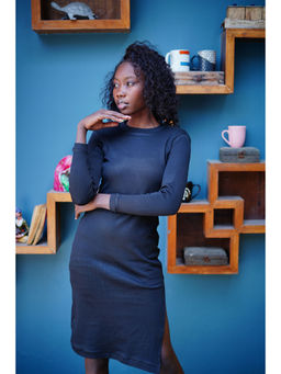 Ravi Rajoria - Womens Blue Rib Solid Knee Length Dress