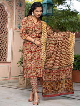 Vbuyz - Women Floral Print Straight Cotton Red Stitched Kurta & Pant with Dupatta (Set of 3)