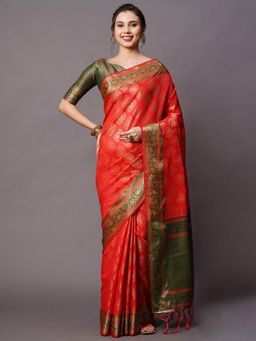 Odette - Red Festive Silk Blend Woven Design Saree with Unstitched Blouse