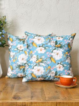 The Home Story - White Flowers On Blue Cushion Covers - 16x16 Inches (Pack of 2)