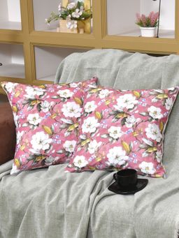The Home Story - White Flowers On Pink Cushion Covers - 16x16 Inches (Pack of 2)