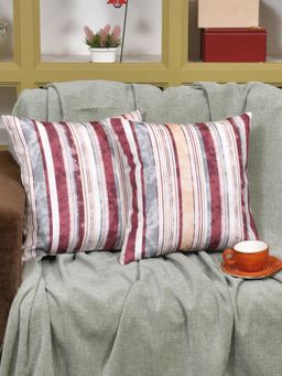 The Home Story - Maroon Grey Stripes Cushion Covers - 16x16 Inches (Pack of 2)