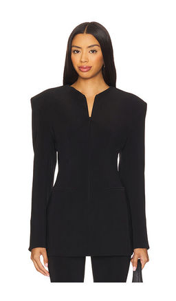 Norma Kamali - Long Sleeve Shoulder Pad V Neck Zip Front Jacket