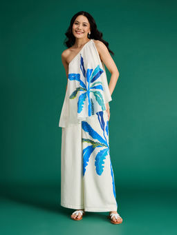 Gajra Gang - Citrus Sorbet White Crepe Palm Print One Shoulder Top & Pant (Set of 2)
