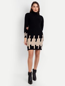 IKI CHIC - Black A-Line Knitted Mini Dress with Turtle Neck