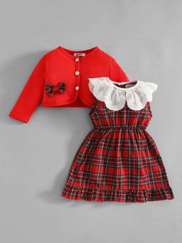 Hopscotch - Plaid Bow Applique Dress with Jacket