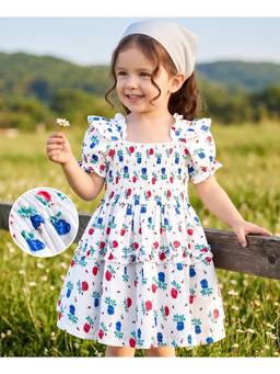 Mark & Mia - Girls Frill White Half Sleeve One Piece Printed Dress