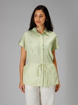 B77 - Paige Striped Cotton Utility Shirt with Drawstring Waist