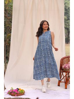 Sutra Art of Clothing - Indigo Leaf Block Print Cotton Dress