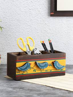 VarEesha - Neel Hand Painted Bird Mango Wood Desk Organizer Pen Holder
