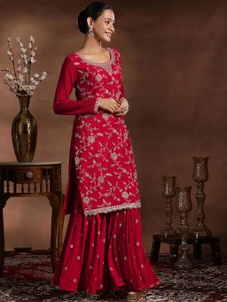 Libas - Red Floral Embroidered Chinnon Kurta with Lining and Sharara with Dupatta (Set of 3)