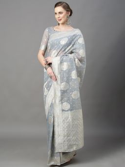Akhilam - Womens Cotton Silk Grey Woven Design Saree with Unstitched Blouse