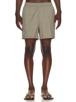 Bather - Seersucker Men's Drawstring Mesh-Lined Swim Trunks Khaki