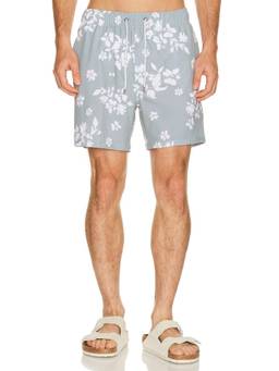 Vintage Summer - Seersucker Stretch Men's Floral Print Swim Trunks Blue