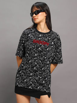 Bewakoof - Womens Black All Over Snoopy Printed Oversized Plus Size T-shirt