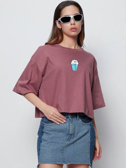 Bewakoof - Womens Purple Stay Hydrated Graphic Printed Oversized T-shirt