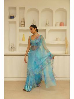 KAVANA - Seep Organza Floral Printed Saree with Unstitched Blouse