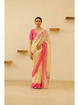 KAVANA - Tara Linen Floral Embroidered Saree with Unstitched Blouse