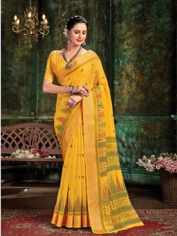 EXCLUSIVA - Yellow Cotton Saree with Unstitched Blouse
