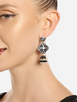 Zaveri Pearls - Black & Grey Enamel Ethnic Style Jhumki Earrings