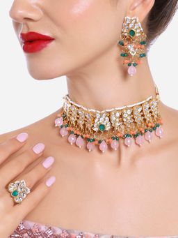 Zaveri Pearls - Multi Color Cluster Drops Kundan Choker Necklace Earrings Ring