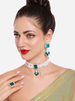 Zaveri Pearls - Green Multistrand Stones Bead Choker Necklace Earrings Ring