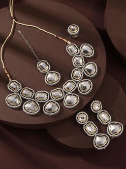 Zaveri Pearls - Two Tone Stones & AD Necklace Earrings Maangtikka & Ring Set
