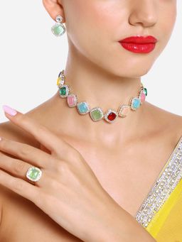 Zaveri Pearls - Multi Color Stones & AD Choker Necklace Earrings & Ring Set