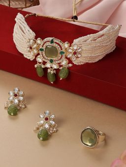 Zaveri Pearls - Green Multistrand Kundan Beads Choker Necklace Earrings Ring