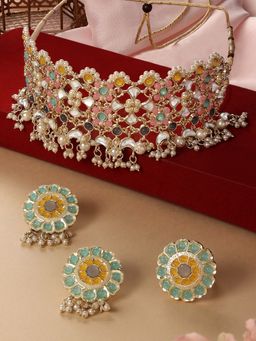 Zaveri Pearls - Multi Color Kundan Cluster Drop Choker Necklace Earrings Ring