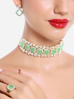 Zaveri Pearls - Green Kundan Stones Beads Choker Necklace Earrings & Ring Set