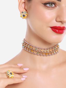 Zaveri Pearls - Multi Color Stones & Beads Choker Necklace Earrings & Ring Set