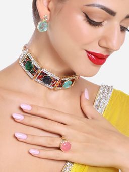 Zaveri Pearls - Multi Color Multistrand Beaded Choker Necklace Earrings Ring