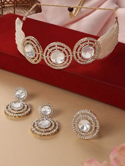 Zaveri Pearls - Gold Tone Multistrand AD Stone Bead Necklace Earrings Ring Set