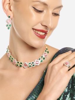 Zaveri Pearls - Green Pink Cat eye Stones Kundan Choker Necklace Earrings Ring