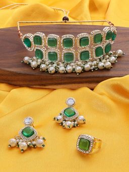 Zaveri Pearls - Green AD Stones & Beads Choker Necklace Earrings & Ring Set