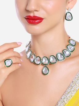 Zaveri Pearls - Green Enamel Stones Embellished Choker Necklace Earrings Ring