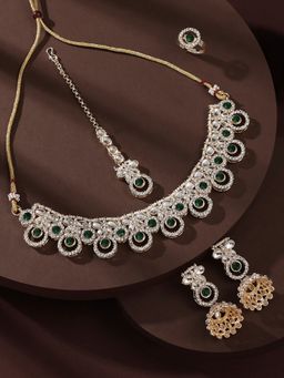 Zaveri Pearls - Green Kundan & AD Necklace Earrings Maangtikka & Ring Set