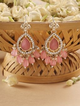 Zaveri Pearls - Pink Cat Eye Stones & Kundan Austrian Diamond Drop Earrings