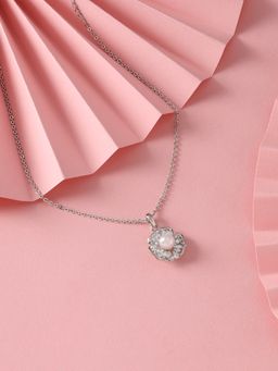 Zaveri Pearls - Silver Pearl Flower Cubic Zirconia Embellished Pendant Chain Necklace