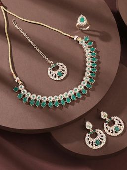 Zaveri Pearls - Green Unicorn Stones Necklace Earrings Maangtikka & Ring Set